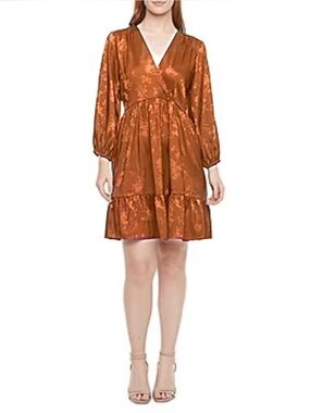 52seven Burnt Orange Satin Babydoll Dress Size 8 Floral Tiered Mini